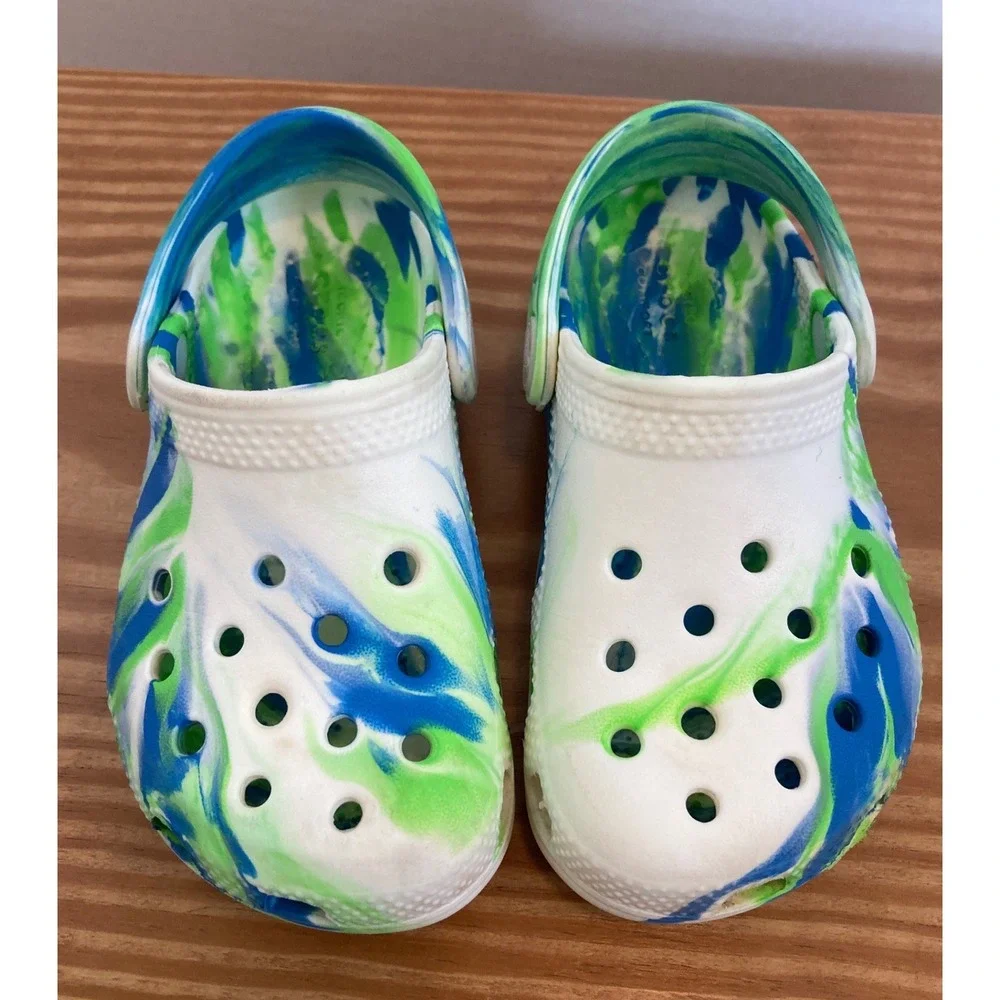 Crocs Kids C9 White Blue Green Marbled Classic Clog Shoes Tie Dye Casual Slip On
